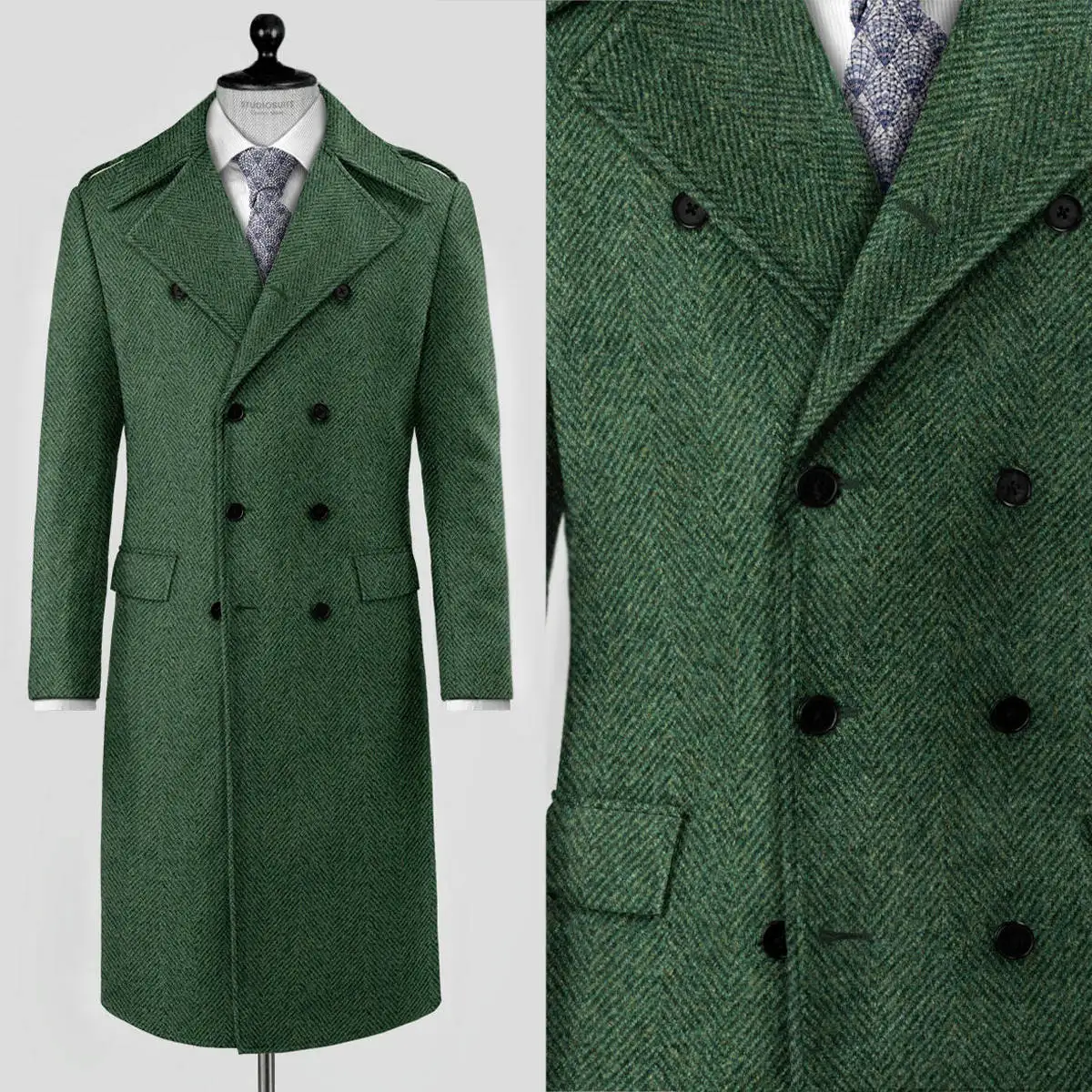 Classic Green Men's Suit Jackets Tailored Tweed Woolen Blend Coat Double Breasted Overcoat Goom Wedding Tuxedos