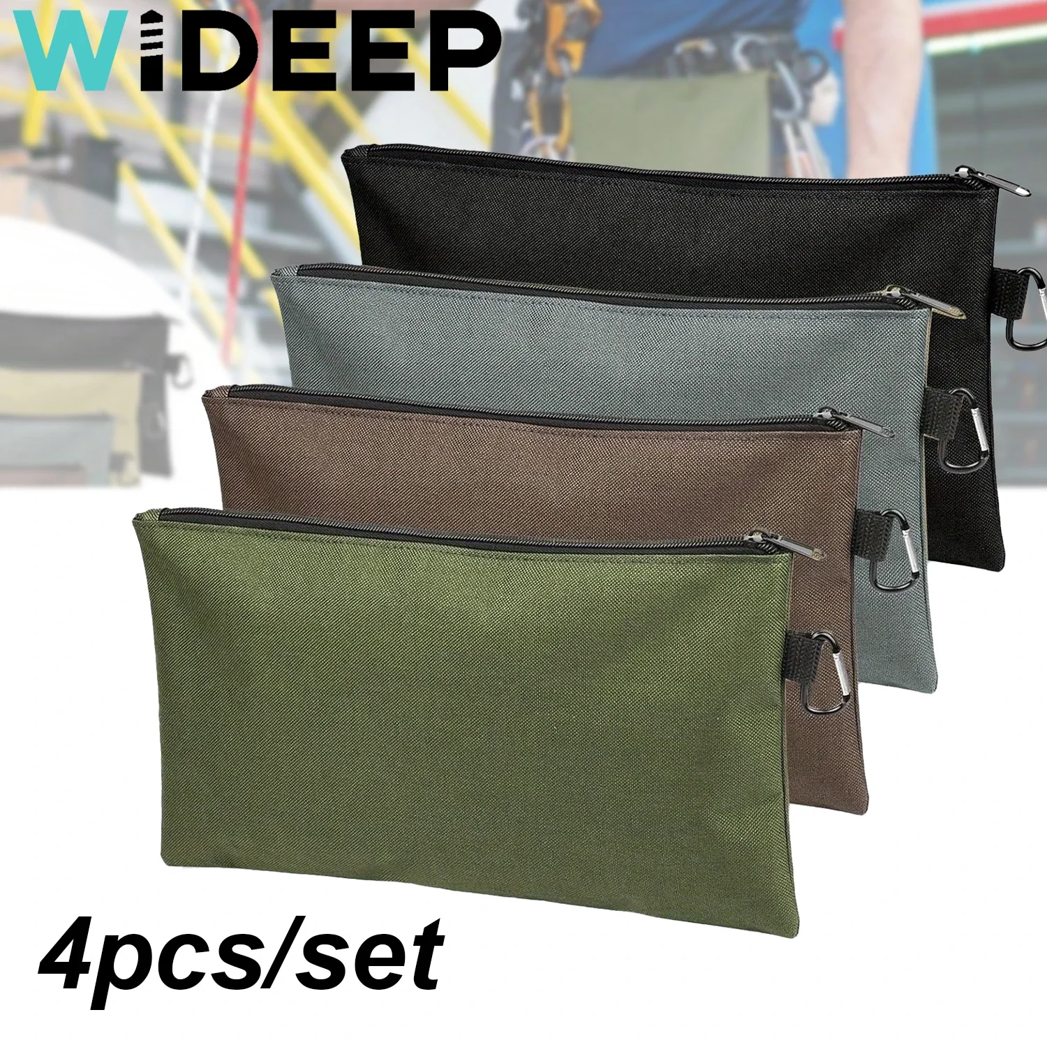 4PCS/SET Tool Bag Zipper Pouch, Utility Multipurpose Storage Organizer Tool Pouches with Carabiner Metal Zipper for Tools