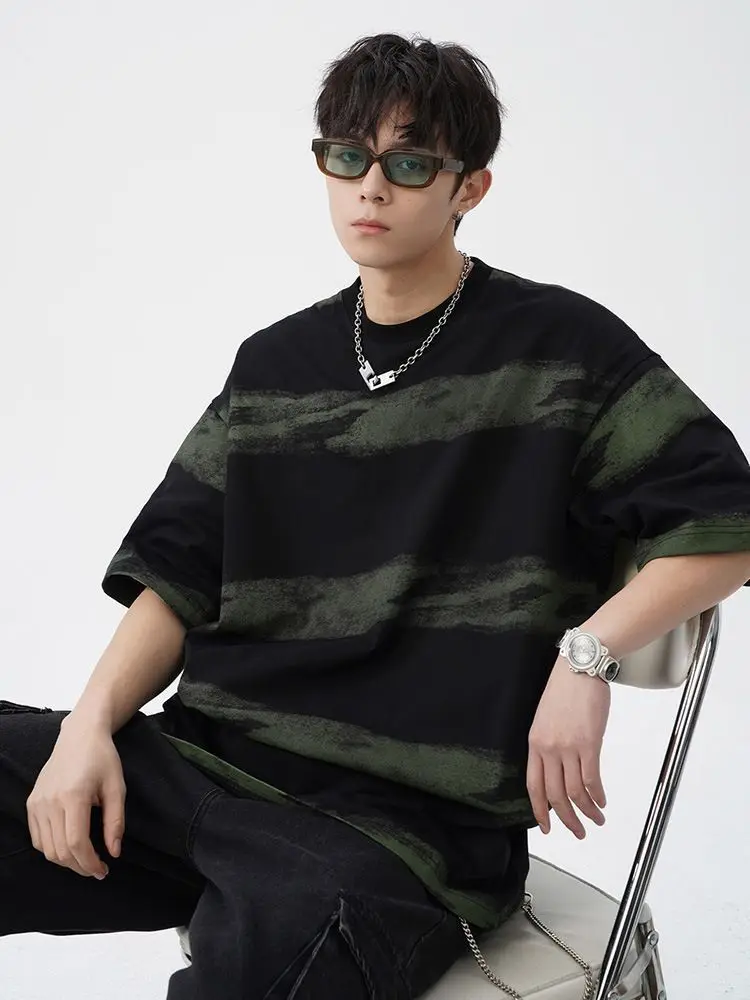 Men's Summer Short Sleeve T-Shirt Japanese Retro Tie Dye Color Block Striped Casual Loose Fit Streetwear Tee