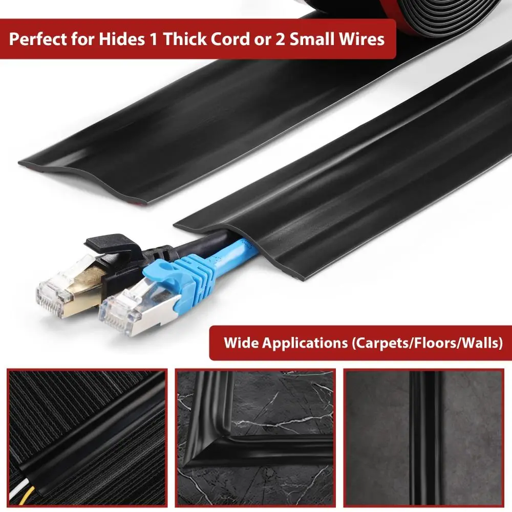 High Quality PVC Floor Cable Cover 1m Self Adhesive Wall Wire Concealer No Drill Universal Cord Management Carpet/Floor