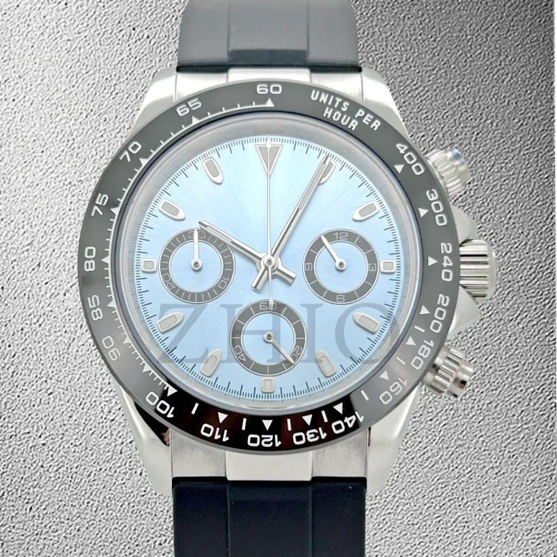 Silver Blue Chronograph Silicone Strap Sapphire Glass Daytona Watch Japan VK63 Quartz Watch Movement with Ceramic Bezel  No Logo