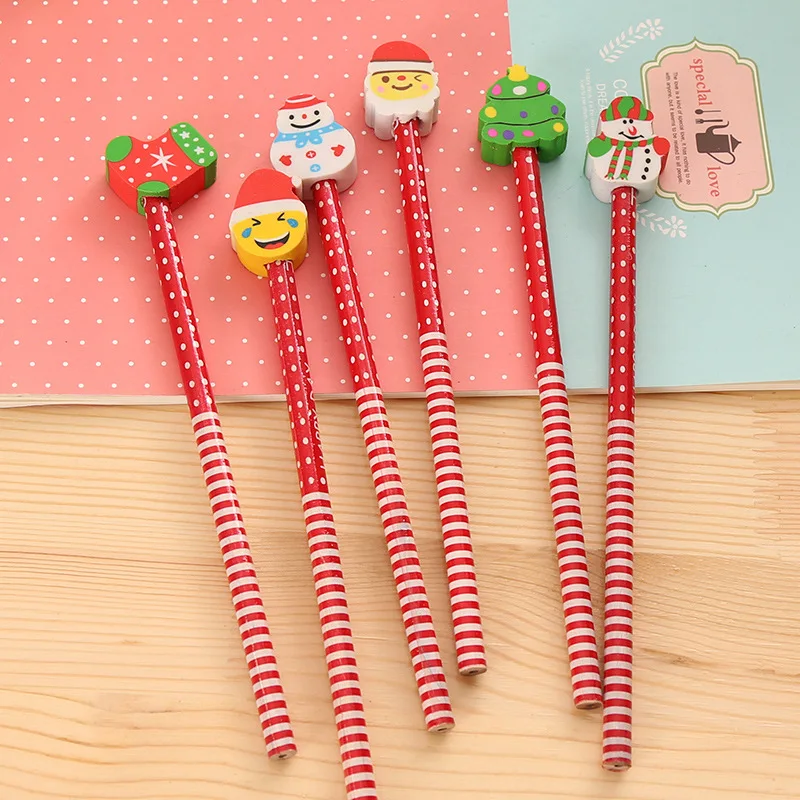 Christmas Cartoon Santa Snowman HB Pencil With Eraser Random Color Creative Stationery Children School Supplies Holiday Gift