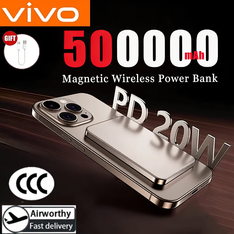 

Беспроводной внешний аккумулятор ViVO 500000 мАч с магнитной зарядкой, ультратонкий, для быстрой зарядки, для Xiaomi iPhone, новинка 2026 года