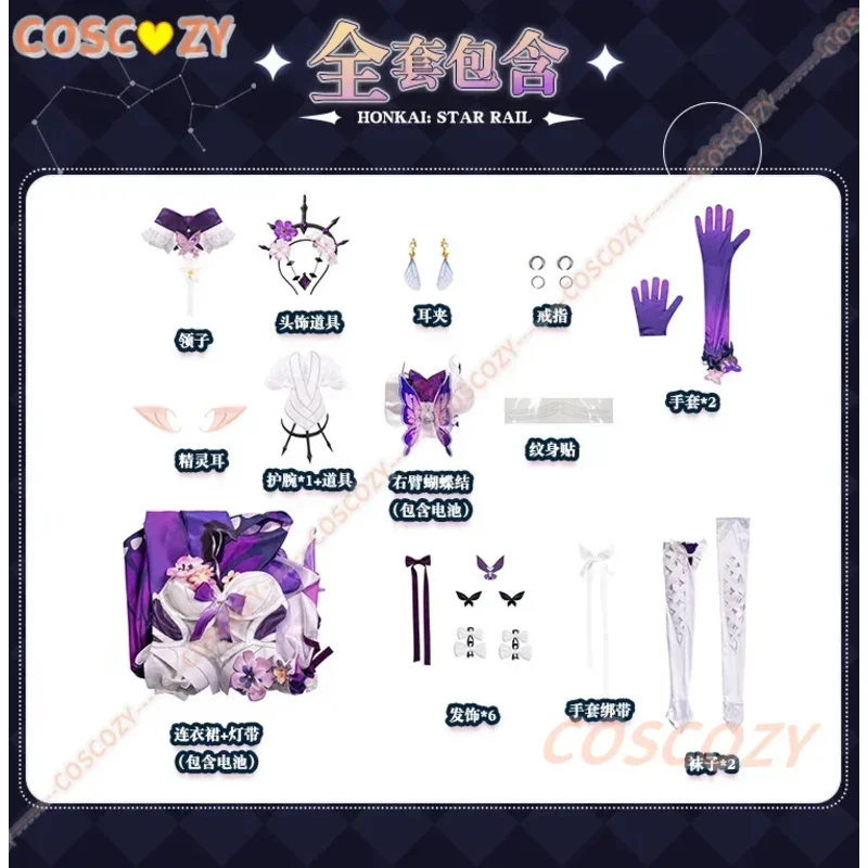 لعبة هونكاي ستار رايل كاستوريس أزياء تنكرية باروكة خادم الموت فستان أغطية الرأس فستان الفراشة فستان الهالوين للفتيات والنساء