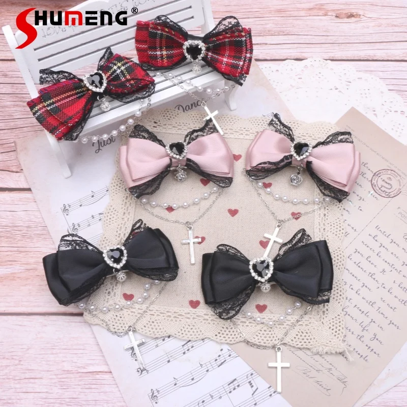 

Japanese Sweet Pair of Hairclips Lolita Cool Lace Edge Bow Chain Cross Crown Pendant Small Side Clip Barrettes 2024 Accessories