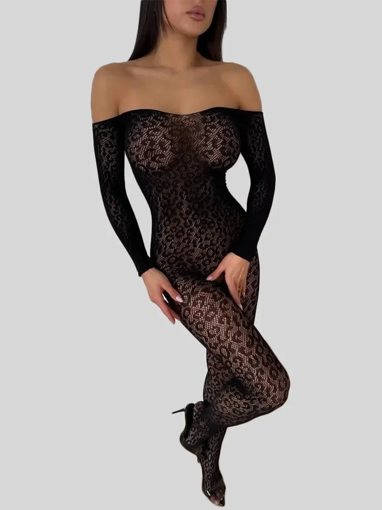 Women's Black Leopard Mesh Bodystocking Off Shoulder Long Sleeve Sheer Catsuit One Piece Lingerie Fashion Nightwear Costume 2026