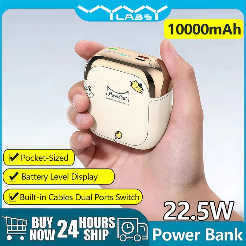 

Vyvylabs Mini 10000mAh Power Bank Battery Level Display 22.5W Fast Charging Built-in Cables Dual Ports Switch for iPhone Samsung
