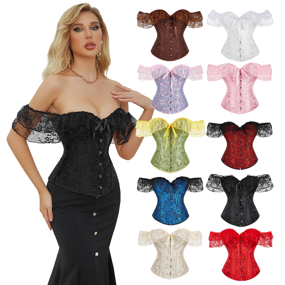 

Jacquard Overbust Corset with Lace Short Sleeves Off Shoulder Waist Bustier Top Basques Korset