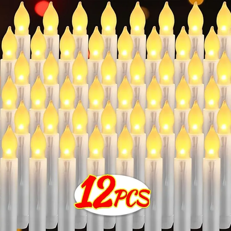 1/12PCS LED Flameless Candles Long Handled Battery Candle Flameless Pointed Candle Lamps Flickering Party Light Table Decoration