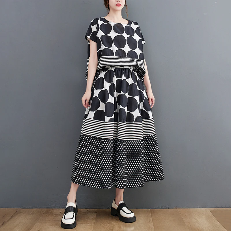 Oversized Vintage Print Loose 2 Two Piece Set Summer Short Sleeve Casual T Shirt Women T-shirt Fashion Clothing Skirt Suit 2026