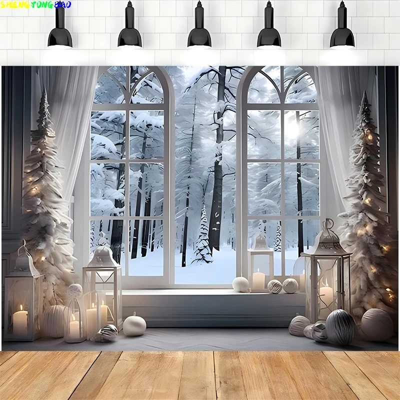Hiver Merveilleux Fenêtre Jour De Noël Photographie Décors Prop Bonne Année Décoration Famille Vacances ixFond RR-71