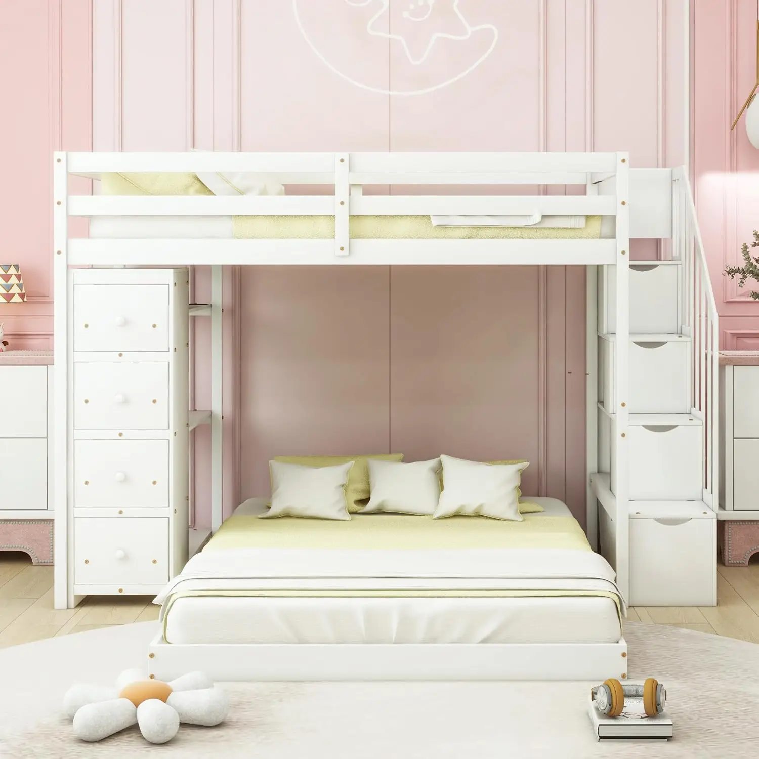 

Harper & Bright Designs Twin Over Full Bunk Bed, Wooden Bunk Bed Frame with 3-Layer Shelves, Drawers and Storage Stairs, White