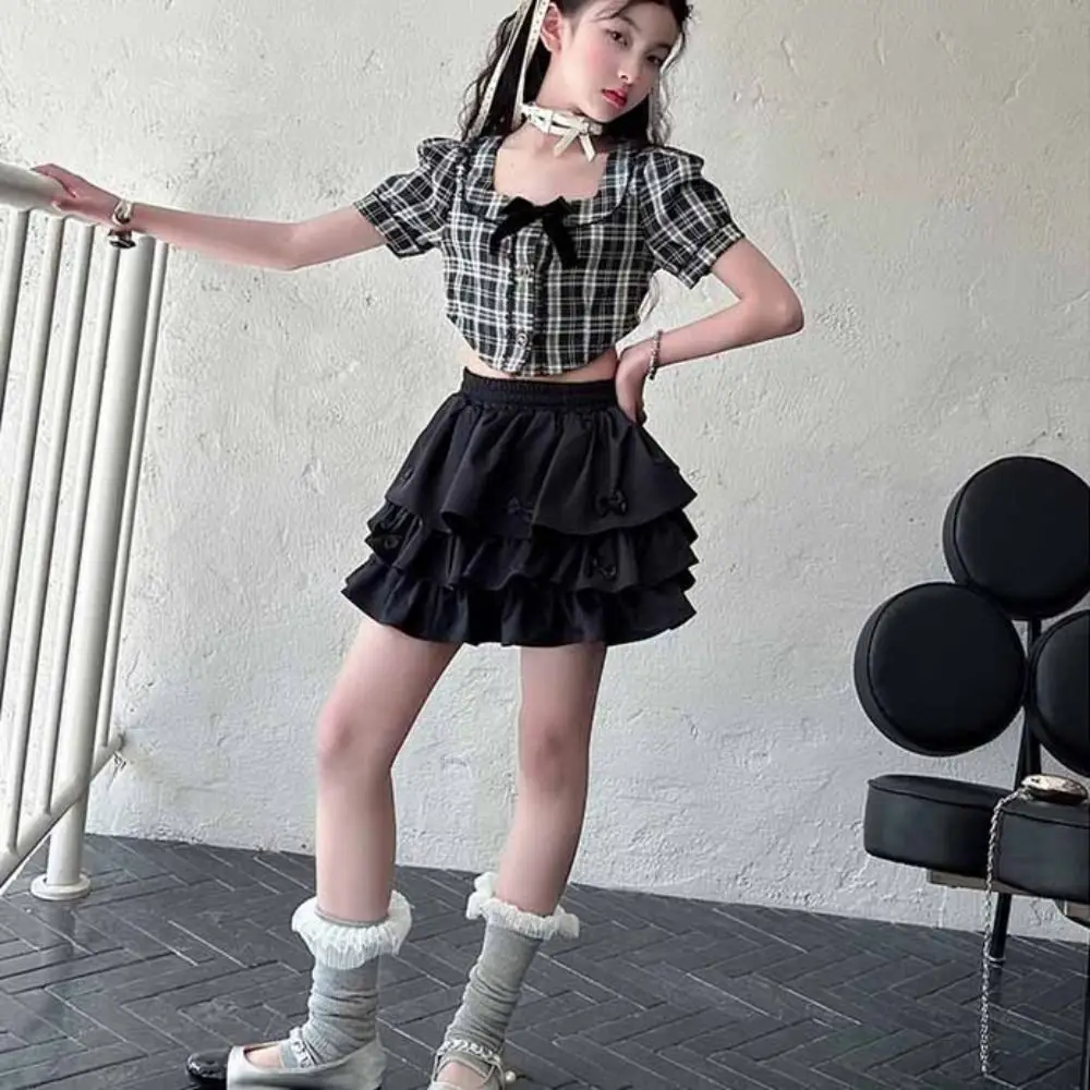 

Cake Dress Sweet Girls Wear Suit Teens Short Sleeve T-shirt Plaid Skirt Set Party Preppy Style Costume Children Summer Clothes