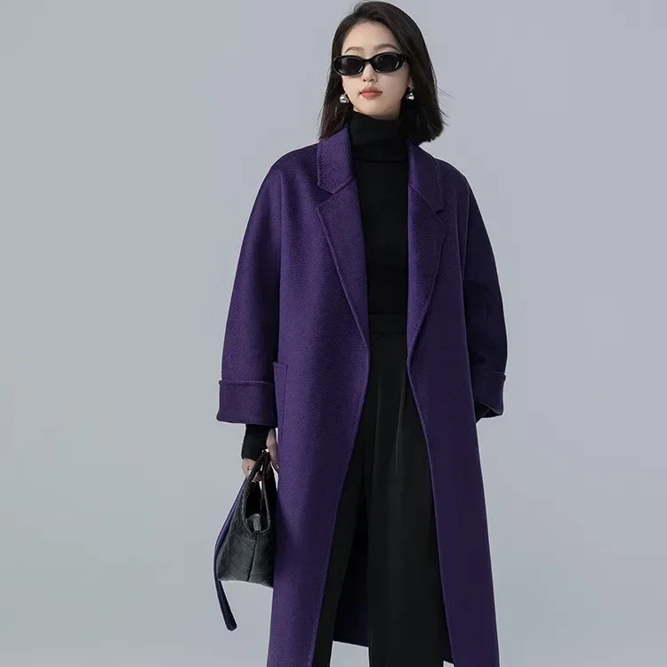 100 pure wool coat women's woolen coat high-end temperament water ripple cashmere coat