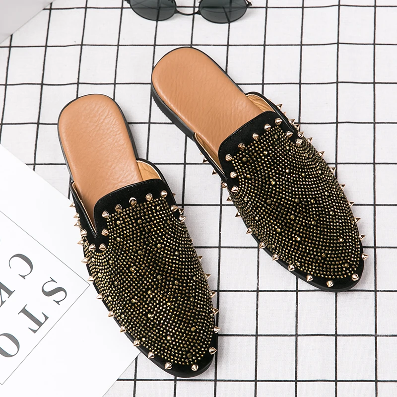 Luxury Brand Half Shoes 38-47 Men Suede Leather Flat Mules Black Casual Shoes Mens Fashion Nightclub Mocassin Homme Chaussure