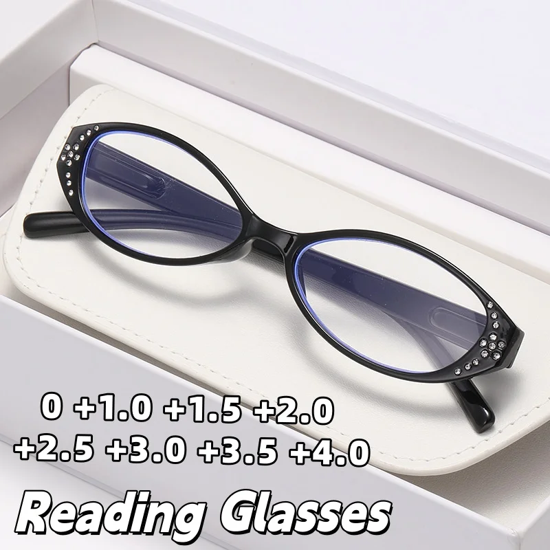 

Exquisite Sparkling Diamond Anti-Blue Light Reading Glasses Stylish High-Definition Oval Small-Frame Presbyopia Glasses