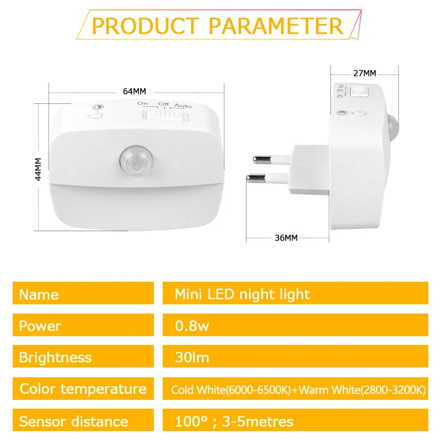 Lampka nocna LED z czujnikiem ruchu Wtyczka EU Inteligentne światło Lampka nocna dla dzieci do domu Przejście WC Przedpokój Schody Sypialnia Lampka nocna