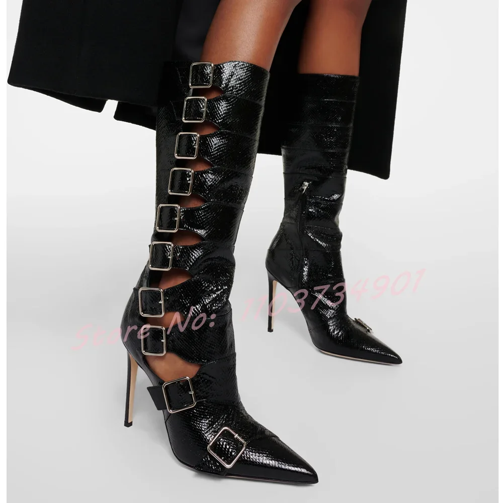 

Женские ажурные сапоги до середины икры, черные модные полусапожки с острым носком и застежкой-молнией на каблуке, Женские однотонные шикарные уличные сапоги в стиле ретро