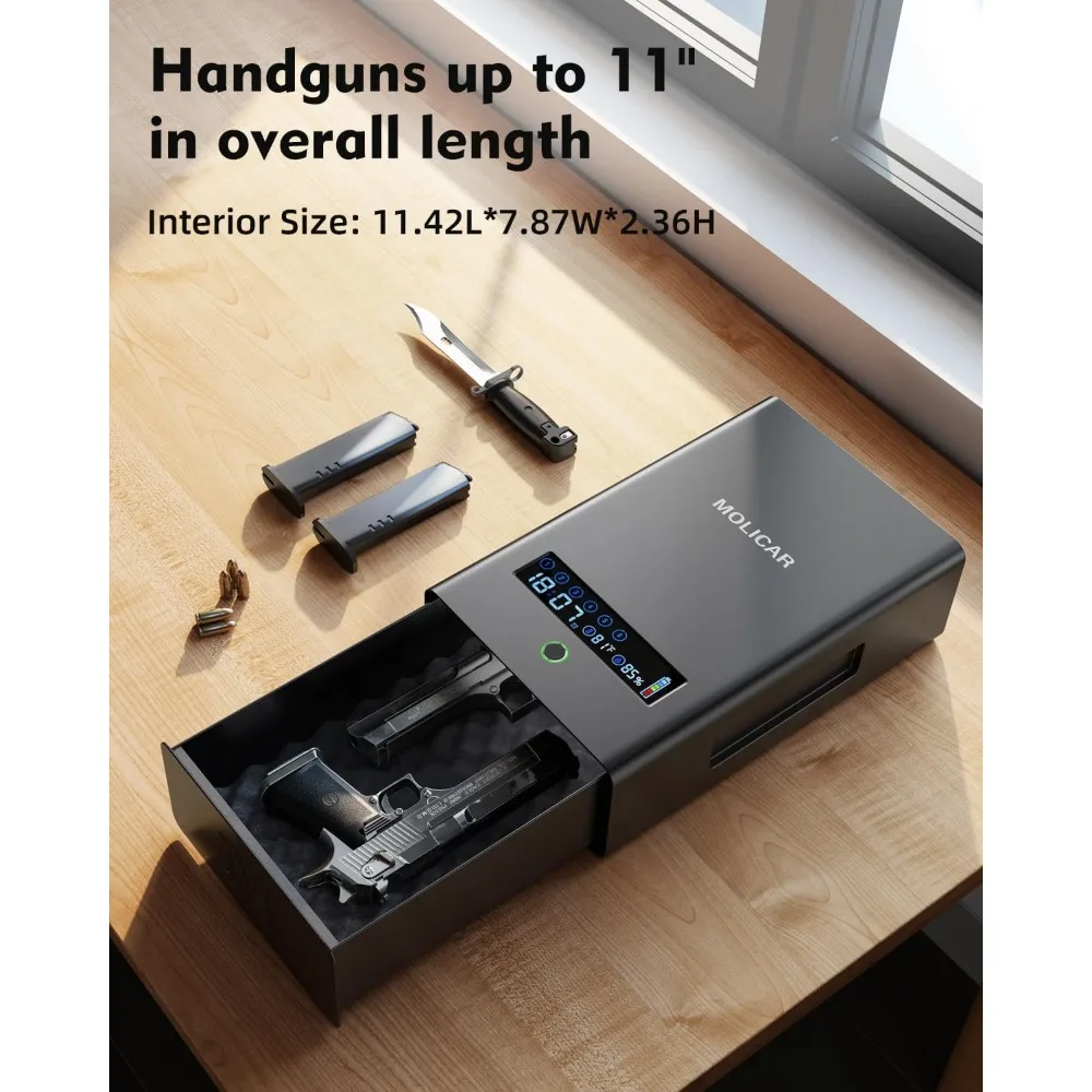 Gun Safe for Handgun, Alarm Clock Biometric Pistol Safe Fingerprint Handgun Safe with Touchscreen Keypad LCD of Temp, Humidity,