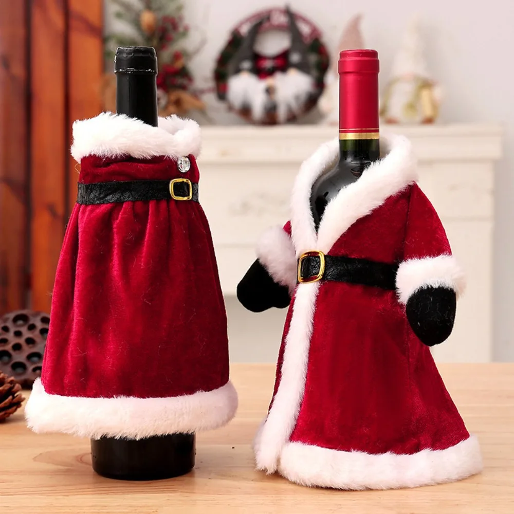 New Santa Claus Wine Bag Velvet Dress Clothes Wine Bottle Cover Red Champagne Pouch Christmas