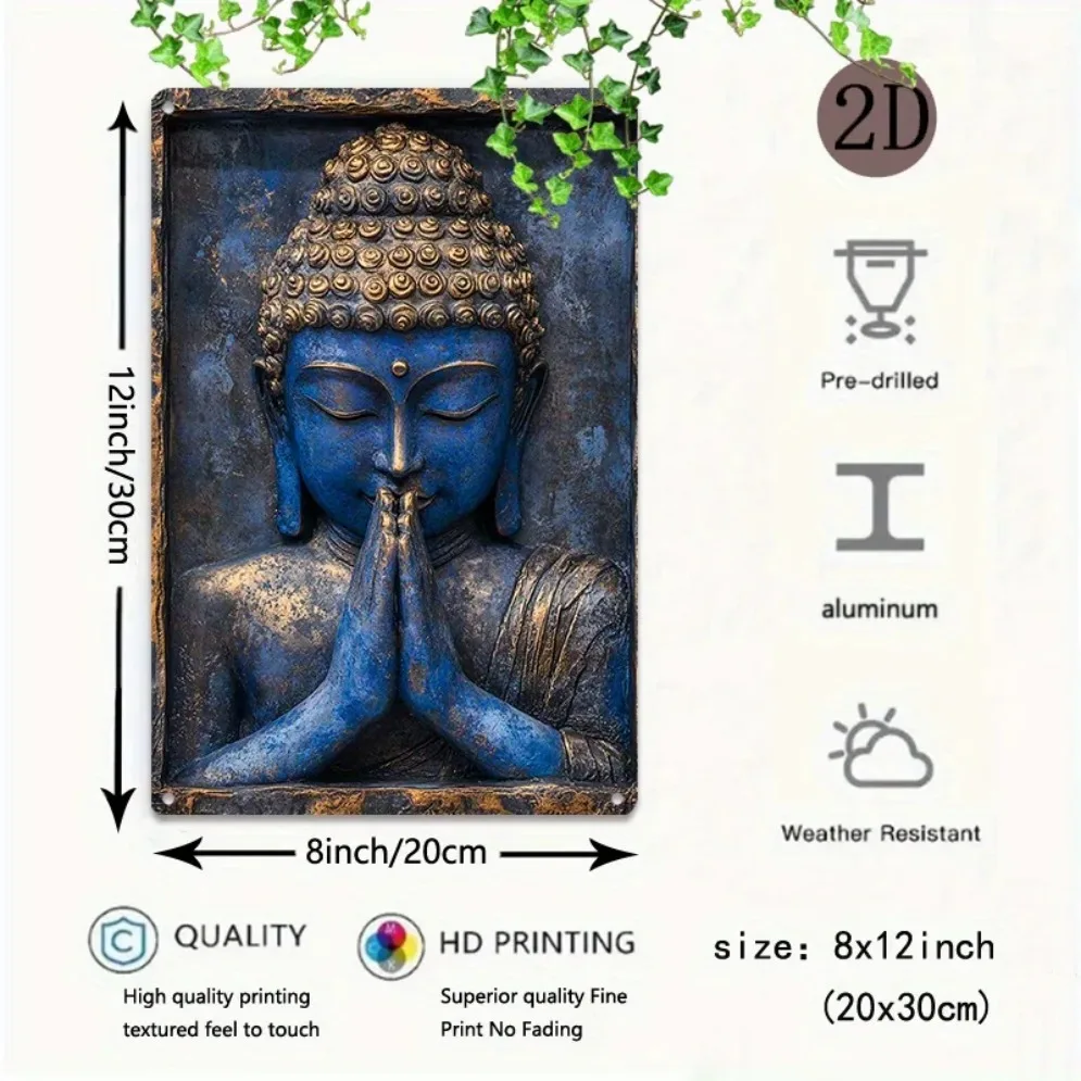 Blue Buddha Statue with Folded Hands - Vintage Aluminum Sign for Yacht, Living Room & Gym Décor - 8x12 inch