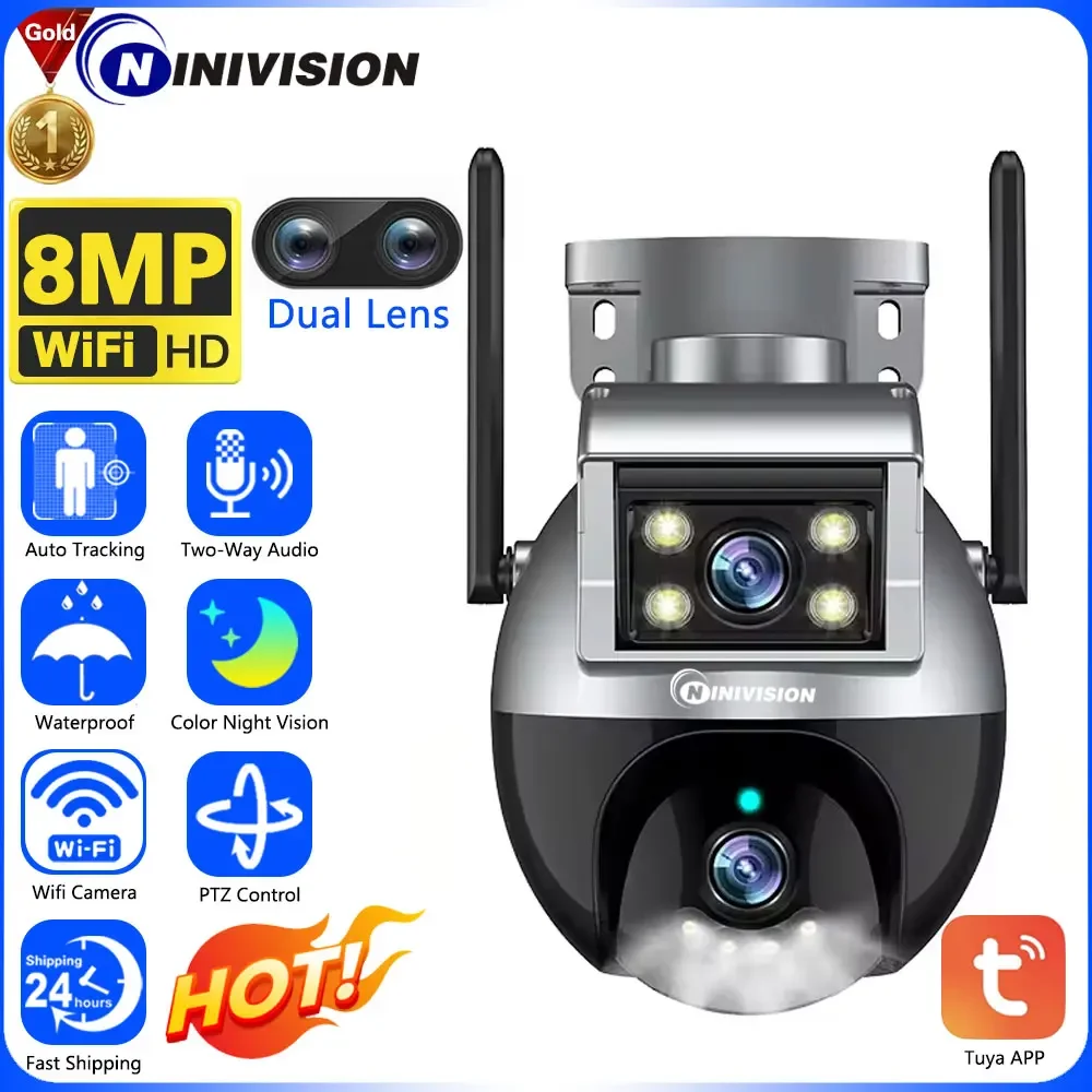 4K 8MP Tuya Dual Lens Dual-Screen Wifi IP Camera Outdoor 2-Audio AI Auto Tracking PTZ Wireless CCTV Security Surveillance Camera