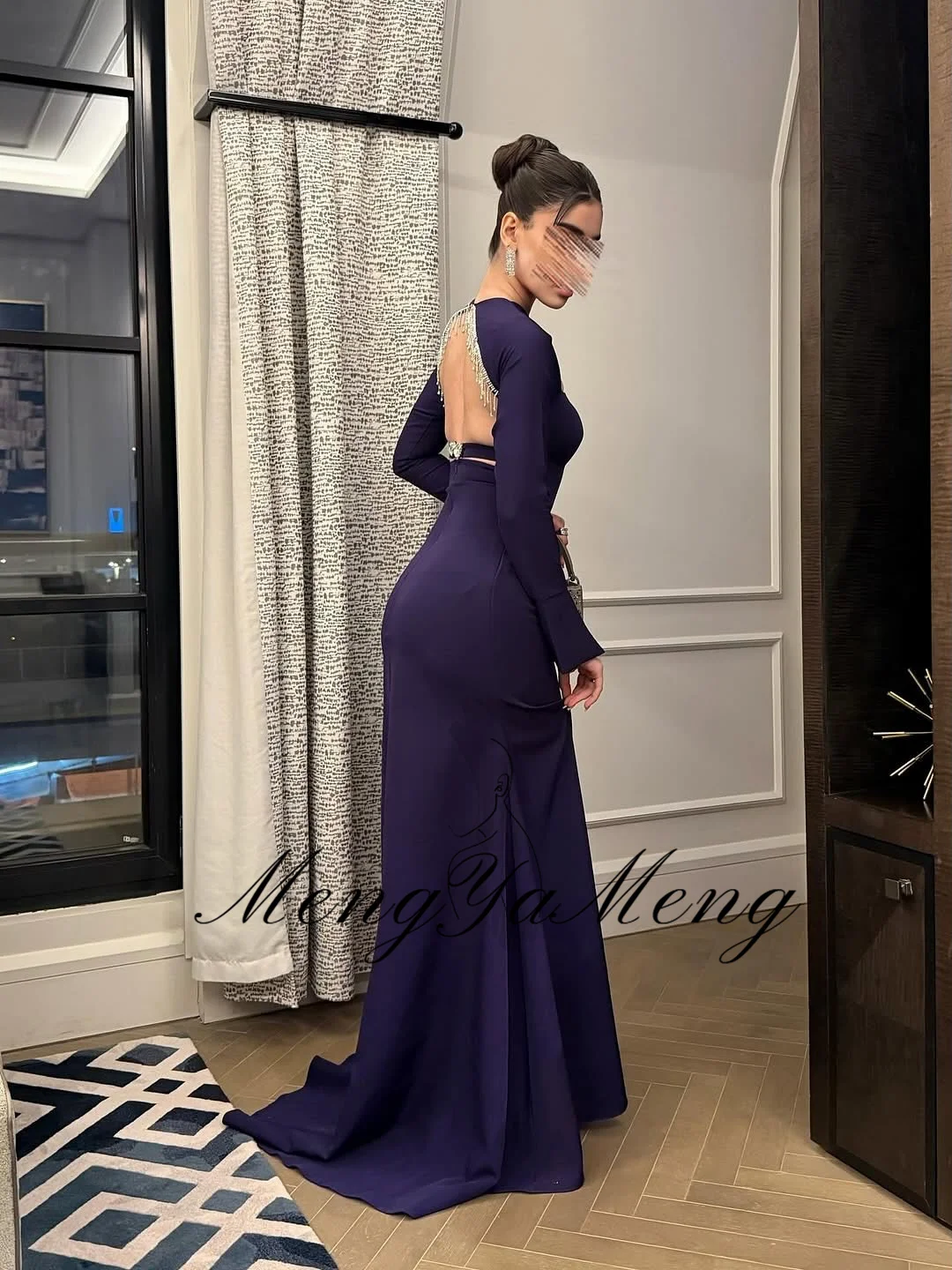 ZHUISHU 보라색 긴 소매 댄스 파티 드레스 오-넥 백리스 파티 가운 맞춤형 코트 트레인 바닥 길이 공식 이벤트 드레스