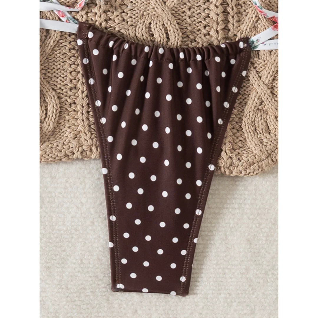 Neuer, mit Blumen- und Punktmuster versehener, hoch geschnittener Bikini für Damen, zweiteiliger Badeanzug, Badebekleidung, Badeanzug, Modell V6964. – Detail 7