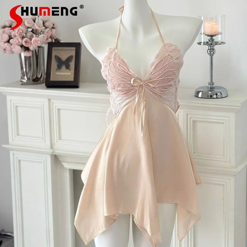 

Sexy Halter Nightdress and Robe Set Women Embroidered Butterfly Pure Desire Sleepshirts Female Satin Ice Silk Nightwear Suits