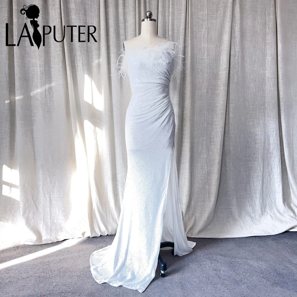 

LAPUTER Twill Cutting White Mermaid Bridal Wedding Dresses Ostrich Fur Off Shoulder Bride Gown Ruched Open Split Prom Dress