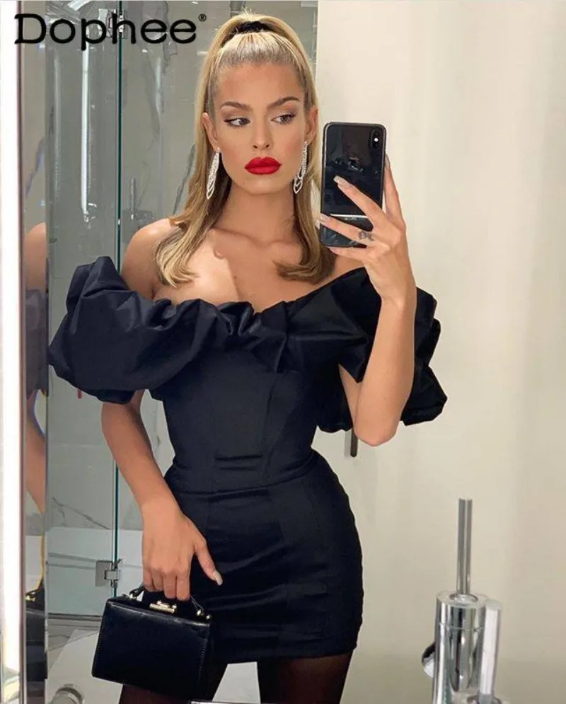 

Japanese New Sweet Sexy Ruffle Leaf Edge Shoulder Tube Top Dress Birthday Party Party Slim Daily Little Black Dress Dress Women