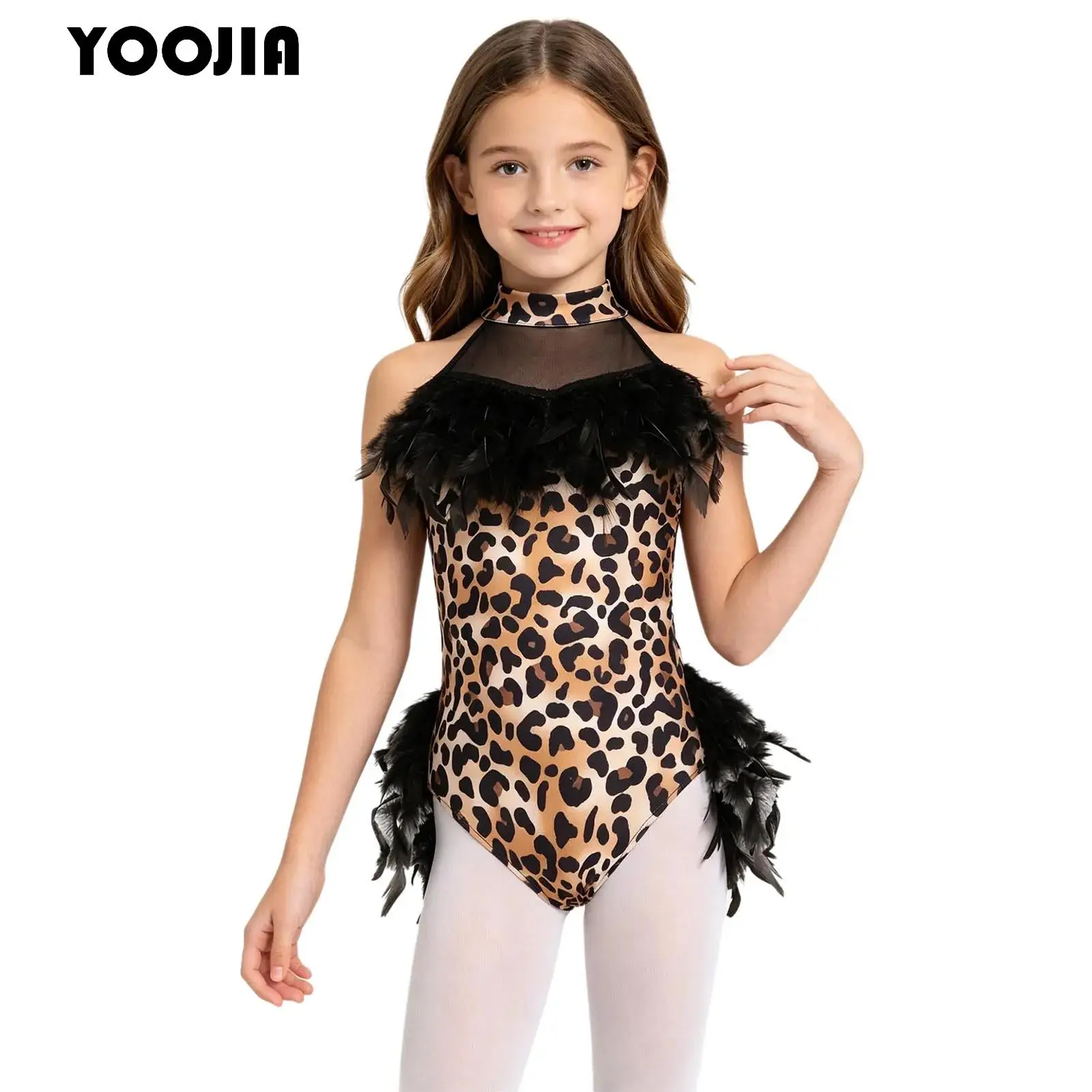 Girls Prehistoric Cave Halloween Dalmatian Costume Leopard Printed Leotard Jumpsuit Feather Skirted Gymnastics Ballet Bodysuit