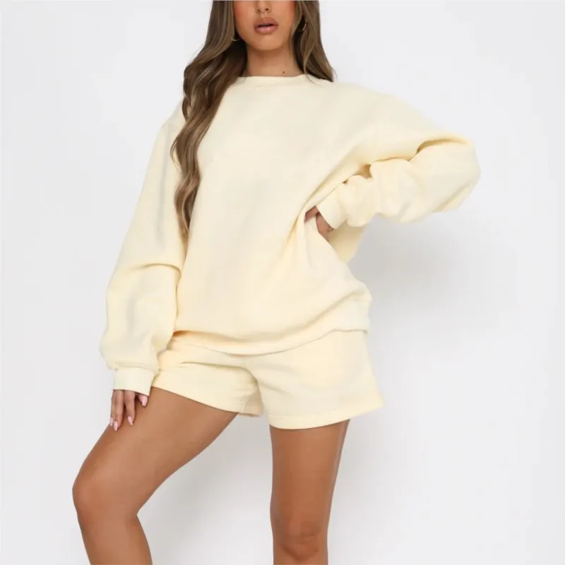 

Casual 2 Piece Set For Women Fashion Solid Color O-neck Long Sleeve Sweatshirt Loose Top And Comfortable Lace Up Shorts Two Sets