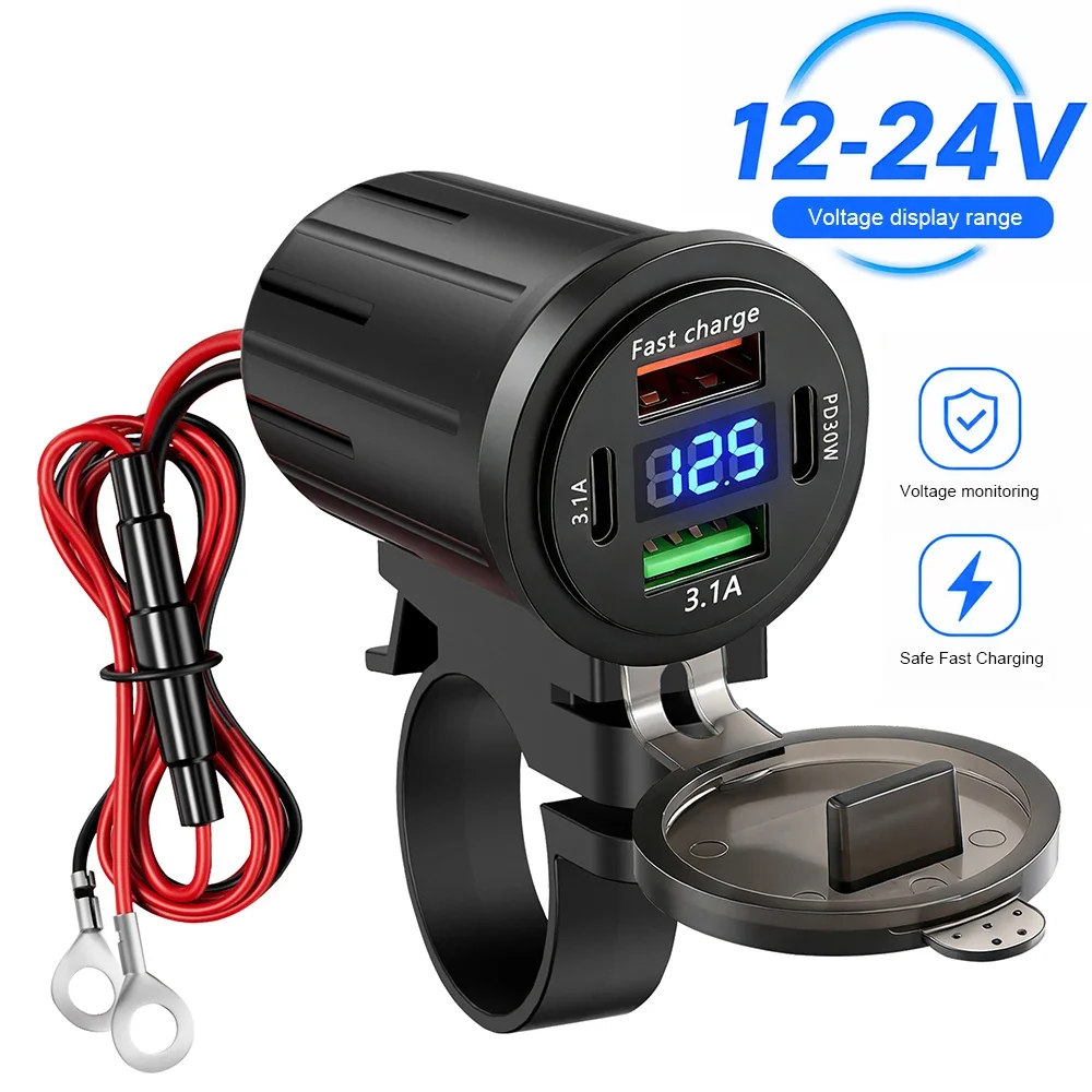 PD QC3.0 Motorcycle USB Type C Fast Charger Digital Voltmeter Waterproof Handlebar Mount 12V 24V Motorbike Charging Socket
