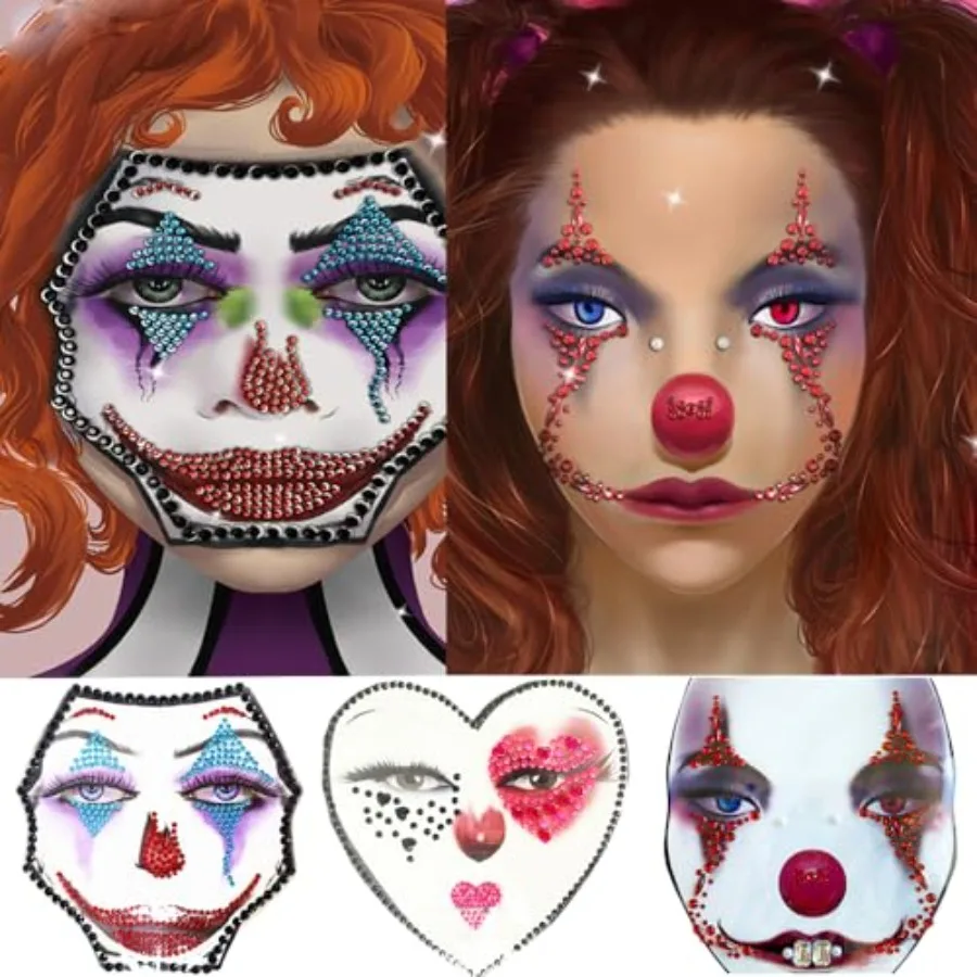 Clown Face Gems Day of the Death Scary Face Jewels Face Jewels Fake QN Tattoo Stickers, 3-Pack