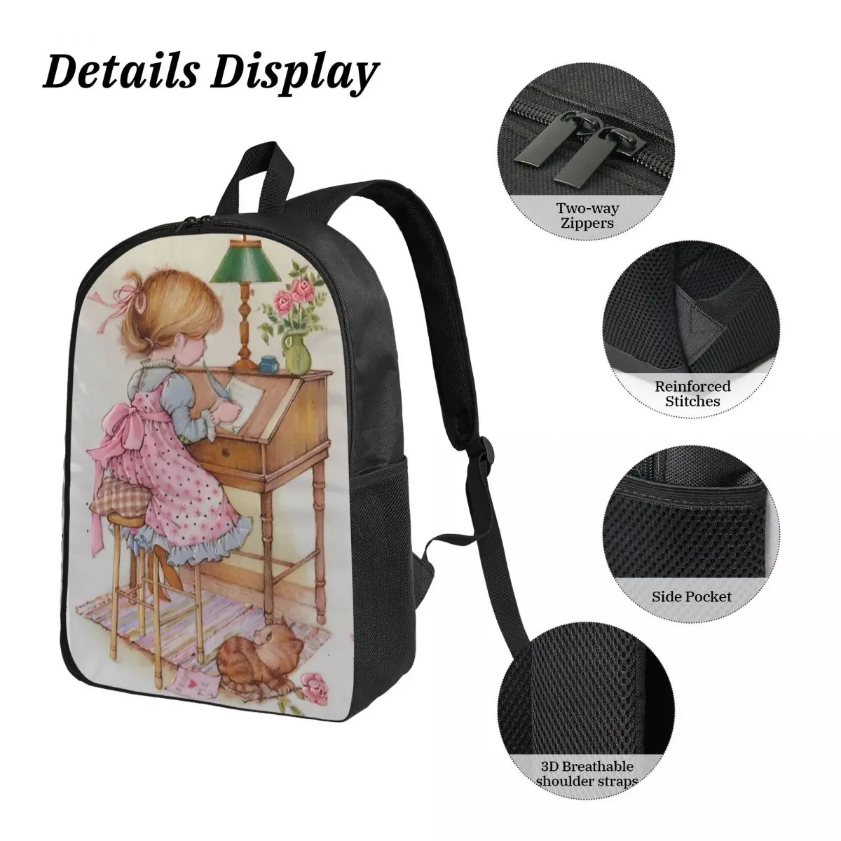 3Pcs Sarah Kay Backpack Set for Kids Pencil Boxes Bookbag Sets with Lunch Box For School Students Daypack