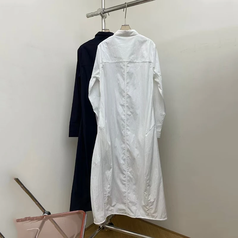 숙녀 옷깃 긴 소매 셔츠 드레스, 양면 포켓 디자인 긴 드레스, 패션 캐주얼 드레스, 여름, 새로운, 2025, 고품질