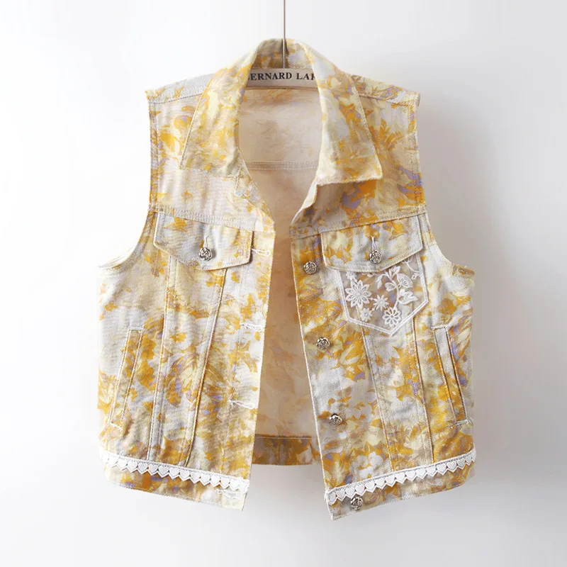 2026 Vestes High End Lace Printed Denim Vest Women's Short Sleeveless Top Jeans Jacket Female Waistcoat Outdoor Coat Tide