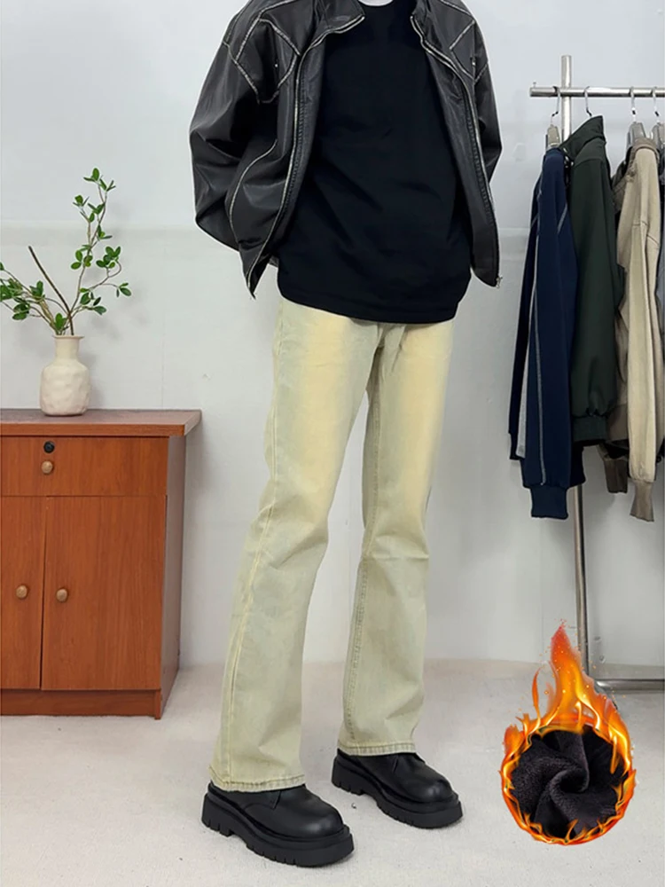 

Men's Fleece Lined Thickened Denim Jeans Yellow Mud Color Straight Leg Pants Autumn Winter Loose Micro Flared Trousers