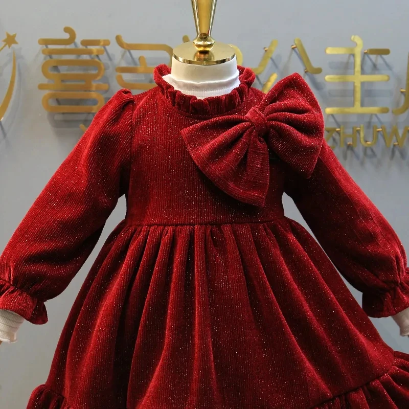 2-12 Years Kids Red Corduroy Princess Dress with Bow Children Long Sleeve Christmas Dresses for Girls Thick Velvet Winter Dress