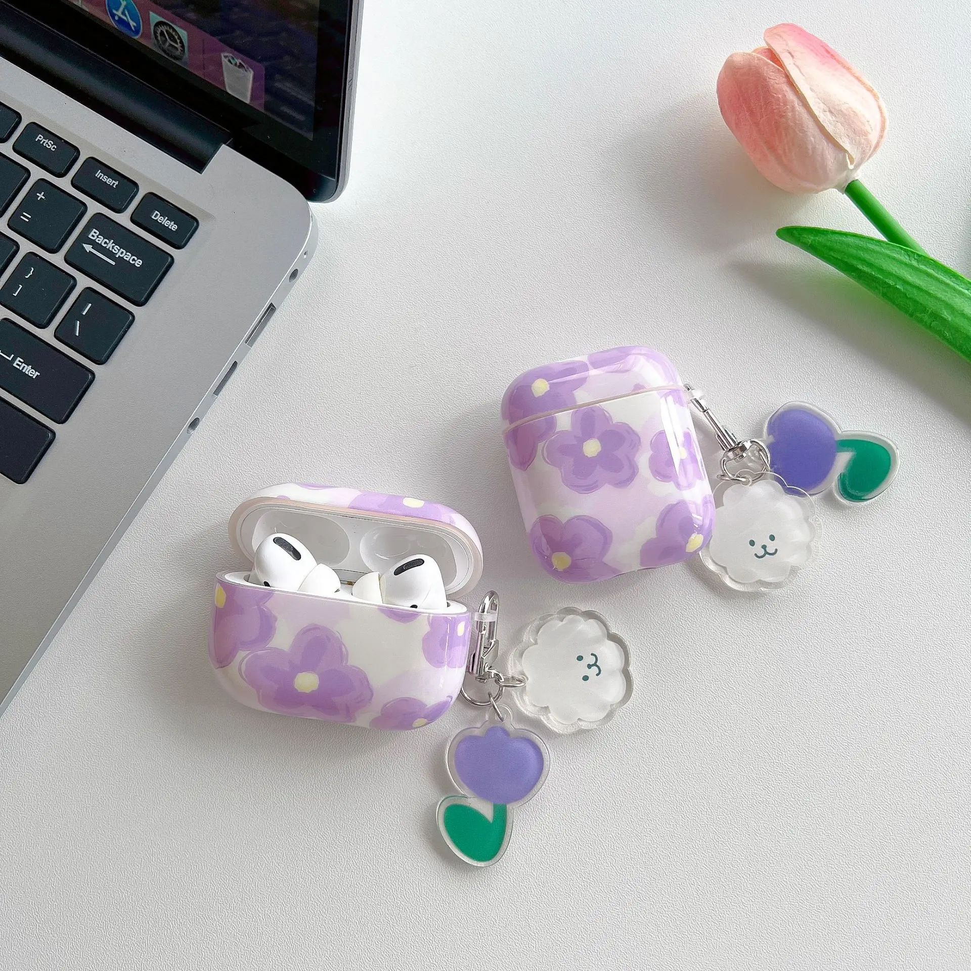 For AirPods pro2 Case Cute Korean bear flower tulip Pendant headphone case Air pods 3 silicone Earphone Cover Soft Shell pattern