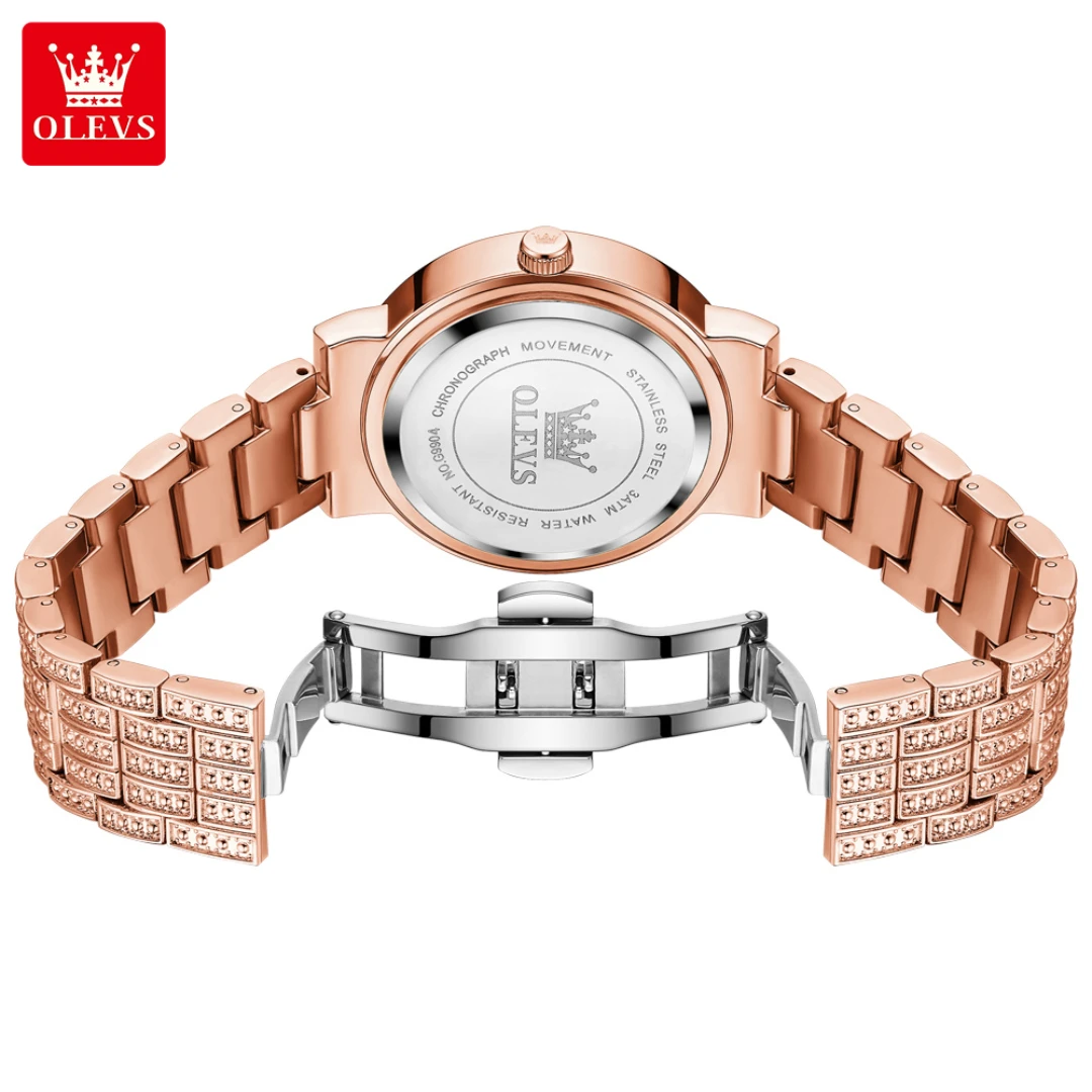 OLEVS-9904 Quartz Watch com Dial Redondo, Pulseira De Aço Inoxidável, Presente De Moda