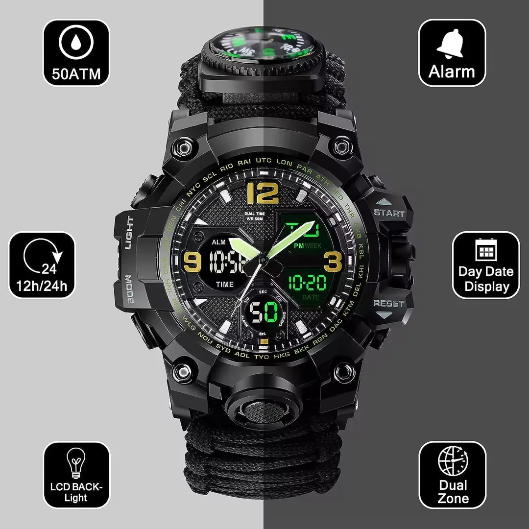 Reloj digital LED impermeable deportivo para hombre, termómetro con brújula para acampar al aire libre, reloj de cuarzo, con correa incluida