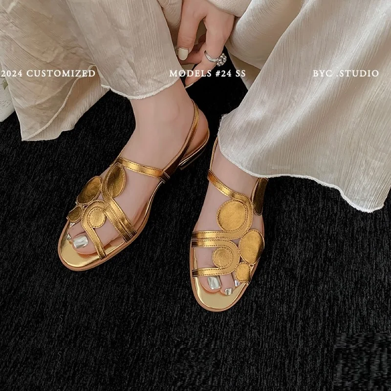 Golden Shoes Woman Summer Sandals Cow Leather Elegant Beige Footwear Modern Girls Sandals With Buckle On Flat Heel