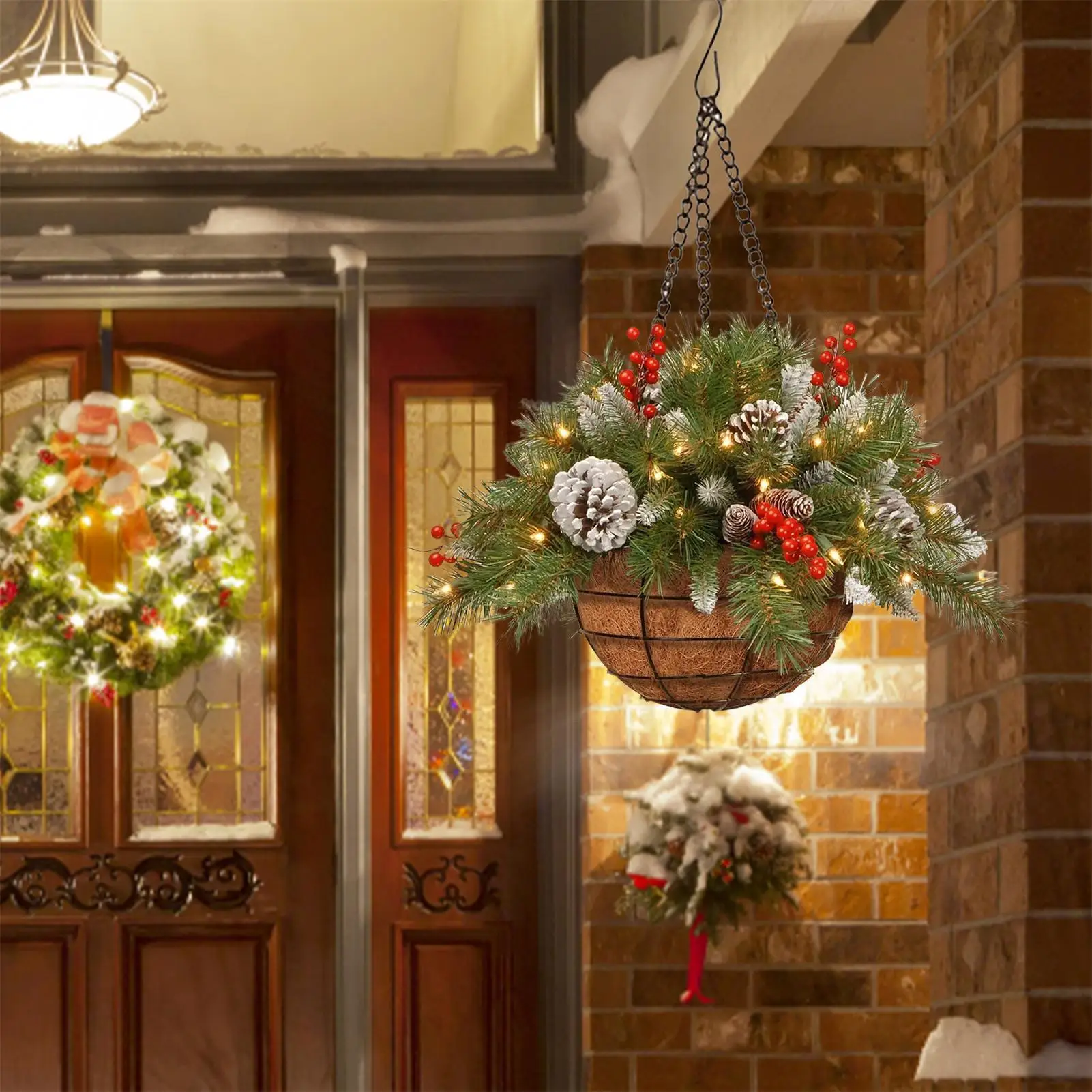 

Christmas Porch Decor Artificial Greenery Christmas Basket with Pine Cones Berries for Home Decor Party Holiday Indoor Outdoor