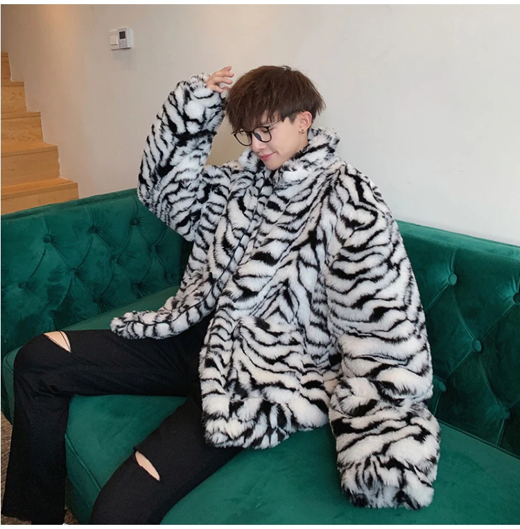 Men Winter Faux Fur Furry Coat Loose Male Leopard Print Tiger Stripe Jacket Oversize Boys Harajuku Outerwear Xxxl Windbreaker