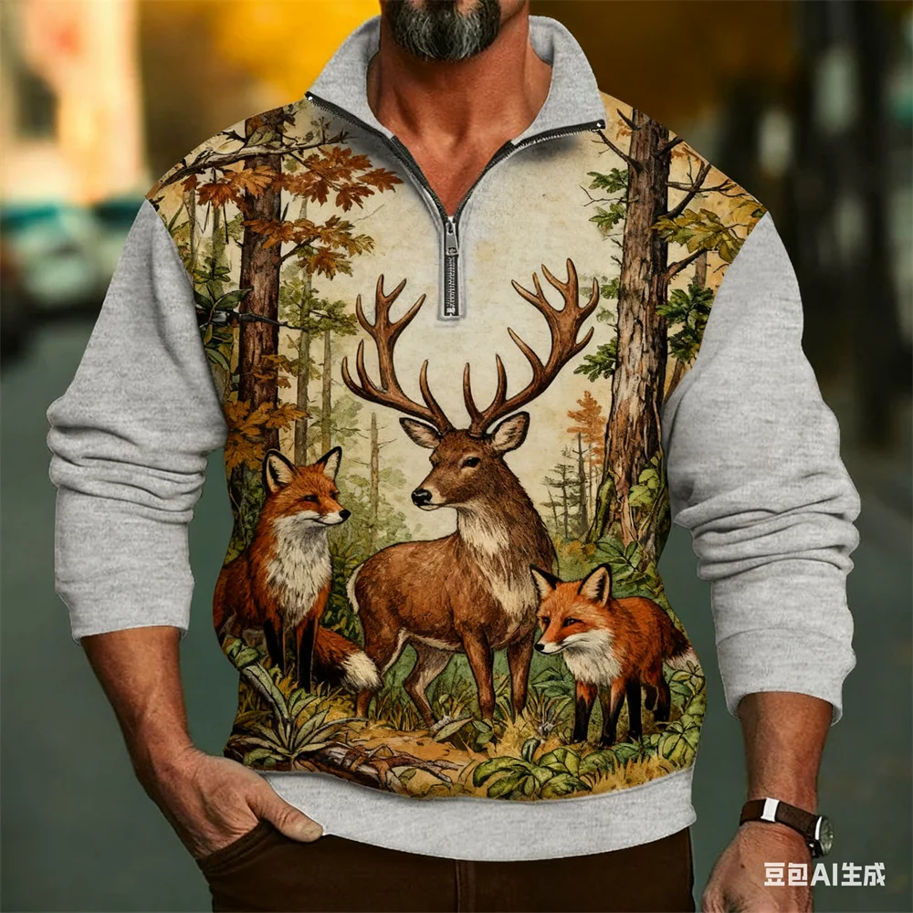 Vintage Animal Pattern Men's Zipper Sweatshirt 3D Printed Elk Fox Graphic Outdoor Hunting Pullover Loose Casual Comfortable Tops