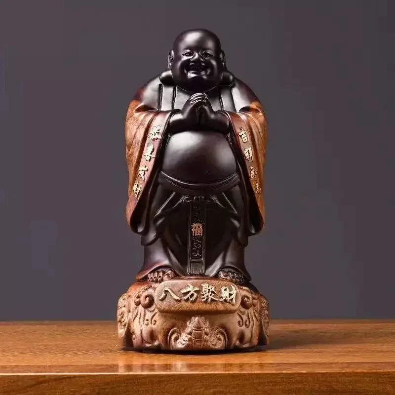 Retro Black Salwood Carved Maitreya Buddha Statue Laughing Buddha Mahogany Crafts for Home Decor Vintage Buddha