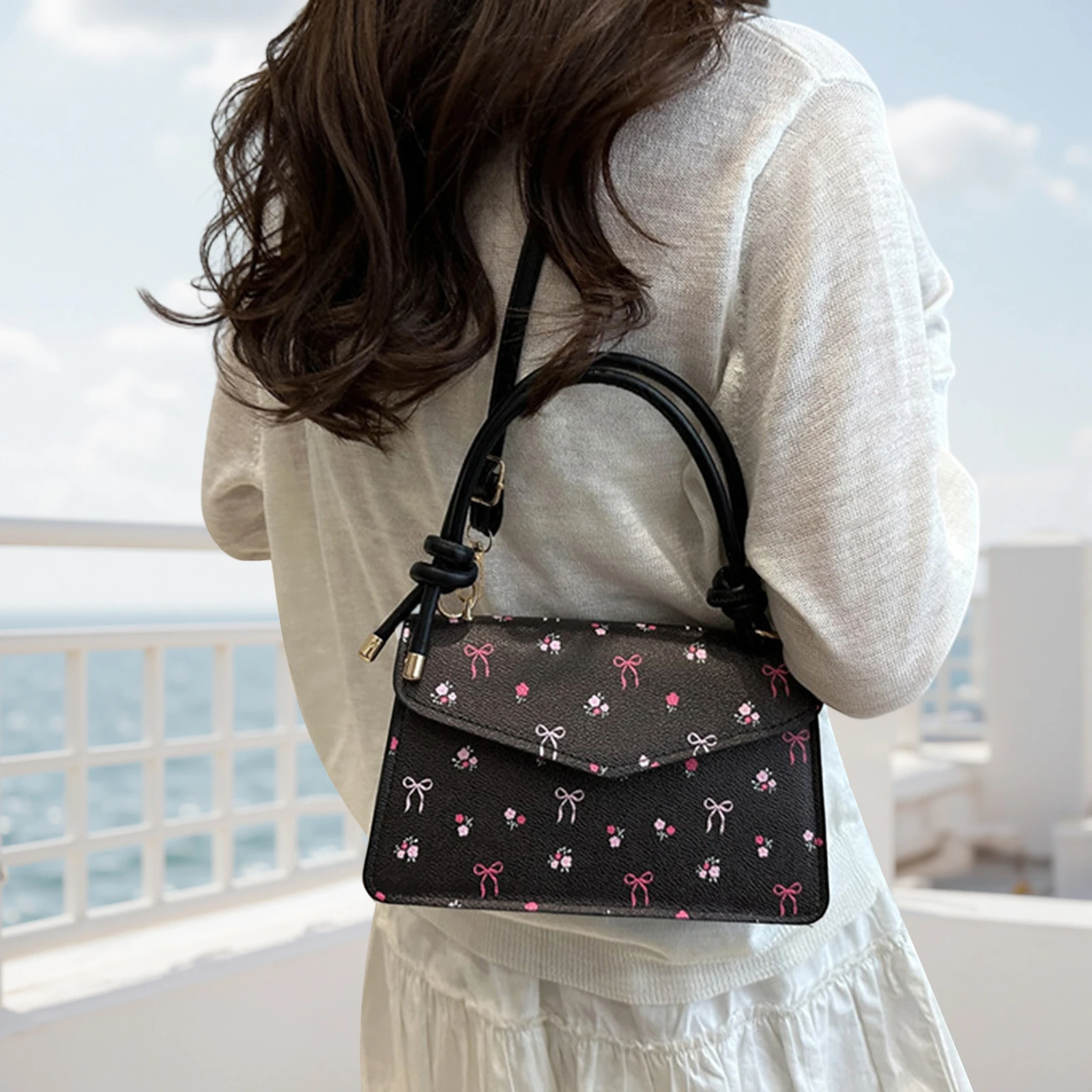 

Women Shoulder Bag, Adjustable Strap Bow Flower Handbag Button Closure Crossbody Bag