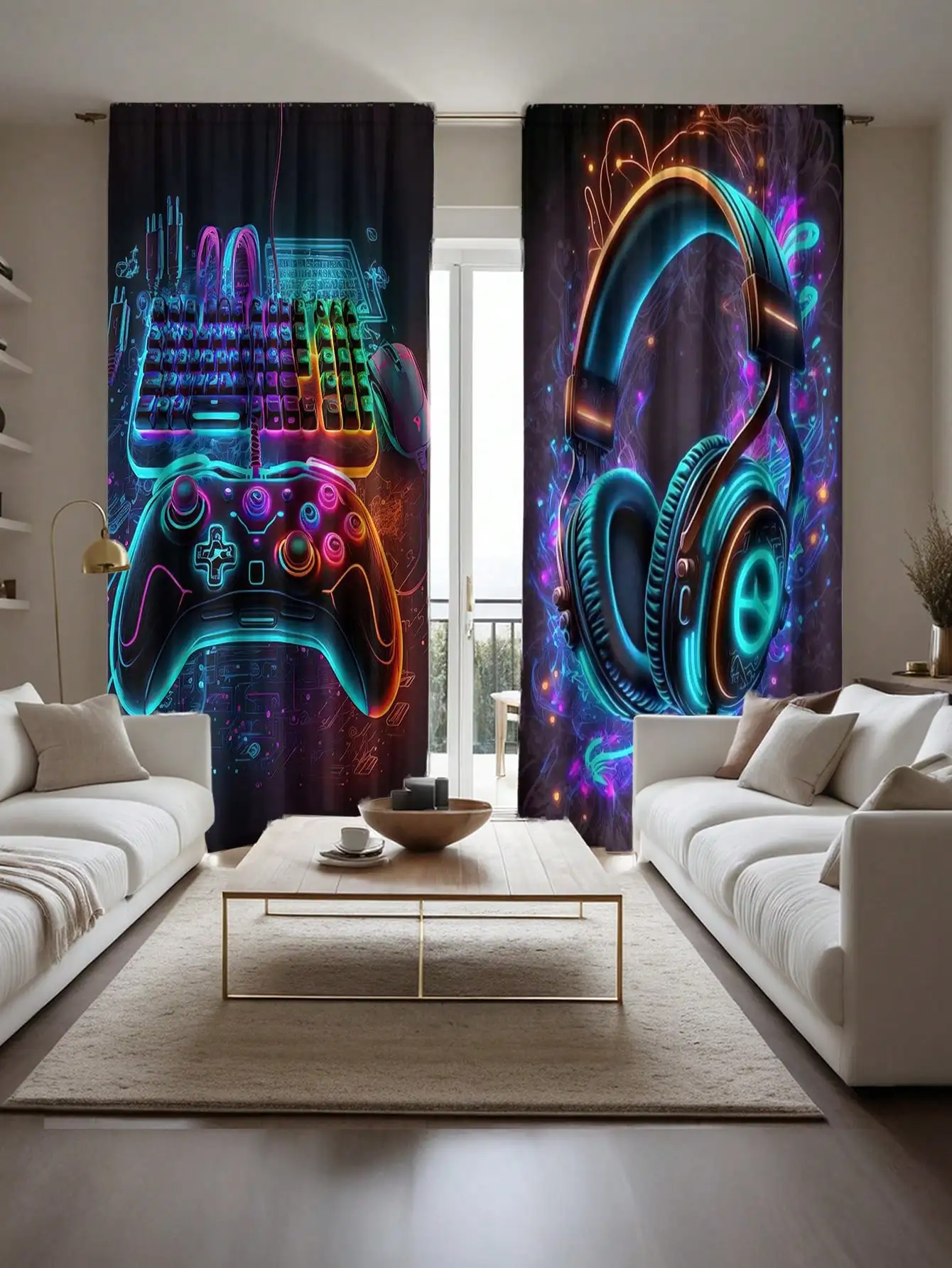Gaming Neon Blackout Curtains - RGB Light Effect Game Controller Keyboard Headset Print Window Drapes for Gamer Room